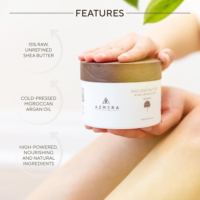 AZMERA Handcrafted Whipped Shea Body Butter – Luxurious Moisturizer for Dry, Sensitive Skin with Bergamot, Argan Oil & Vitamin E – Vegan, Non-Greasy Skincare – 8.82 oz-GlimoraGlow