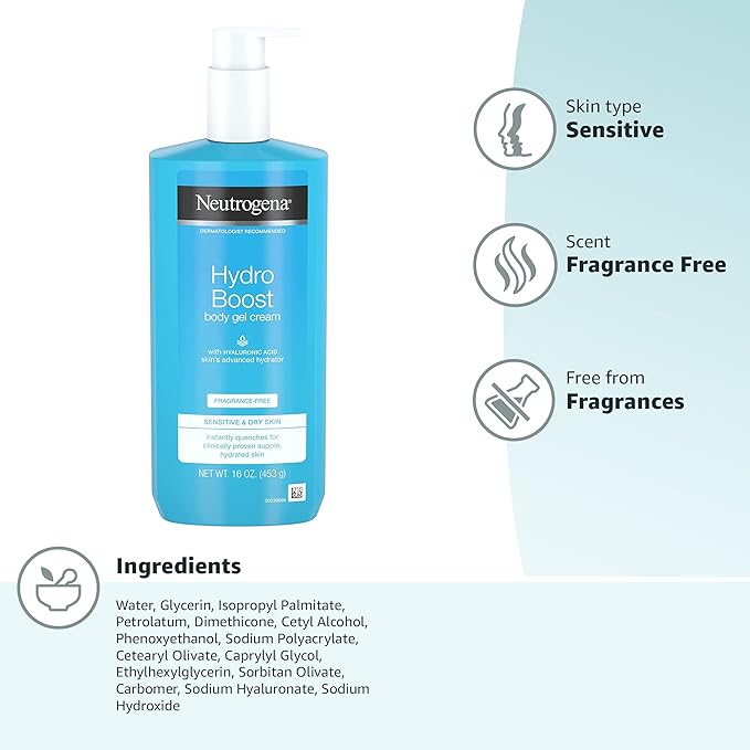 Neutrogena Hydro Boost Body Moisturizing Gel Cream with Hyaluronic Acid, Non-Greasy & Fast Absorbing, Lightweight Hydrating Body Lotion for Normal to Dry Skin, Fragrance-Free, 16 oz (Pack of 2)-GlimoraGlow