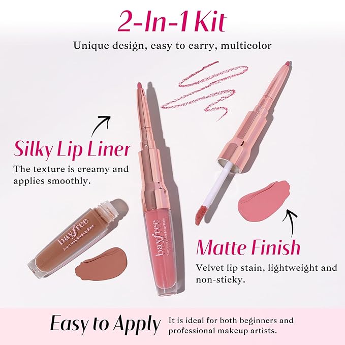 2 PCS Lip Liner and Lip Stain Combo Set, High Pigmented Long Lasting Velvet Lip Tint, Well-Defined Lipliner, Weightless Waterproof Not Animal Tested, Matte Finish Makeup-GlimoraGlow