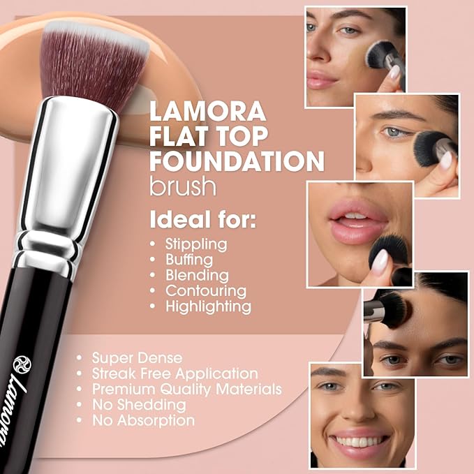 LAMORA Foundation Brush for Liquid Makeup - Kabuki Face Brush for Cream, Powder, Blush, and Concealer - Flat Top Blending, Buffing, Stippling Brush-GlimoraGlow