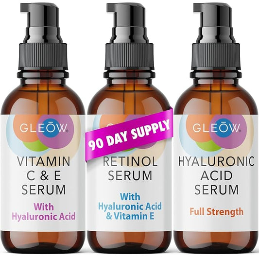 Retinol Serum for Face, Vitamin C with Hyaluronic Acid Face Serum for Women and Men, Glow Total Package Skin Care Set, Targets Appearance of Uneven Skin Tone and Dryness 3x2 oz-GlimoraGlow