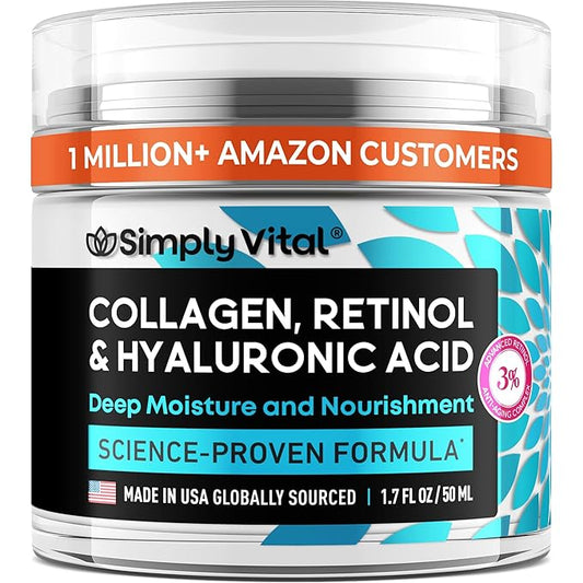 SimplyVital Collagen, Retinol & Hyaluronic Acid Cream - Anti-Aging Face Moisturizer for Face, Firming Skin Care Neck & Décolleté - Made in USA, Daily Moisturizer Face Cream Day & Night - 1.7 fl.oz.-GlimoraGlow