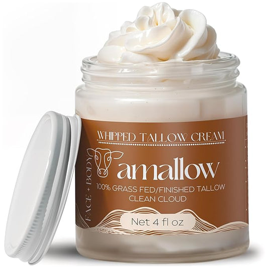 Amallow 100% Grass Fed Beef Tallow for Skin Care - Face + Body - Whipped Moisturizer - Natural Lotion, 4 FL. oz. (Clean Cloud)-GlimoraGlow