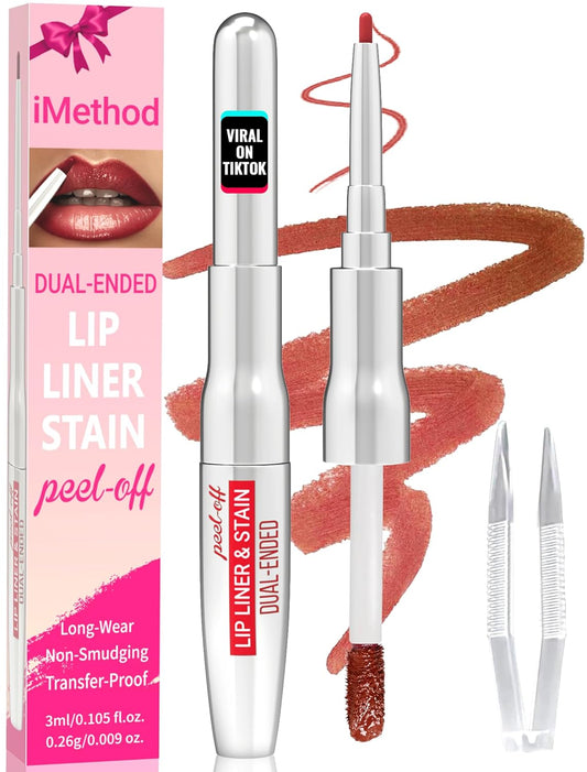 iMethod Lip Liner Stain - Lip Stain, 2-In-1 Dual-Ended Peel Off Lip Stain with Tweezer, Natural Long Lasting Peel Off Lip Liner, Easy to Use for All Skin Types, Stay All Day, Cocoa-GlimoraGlow