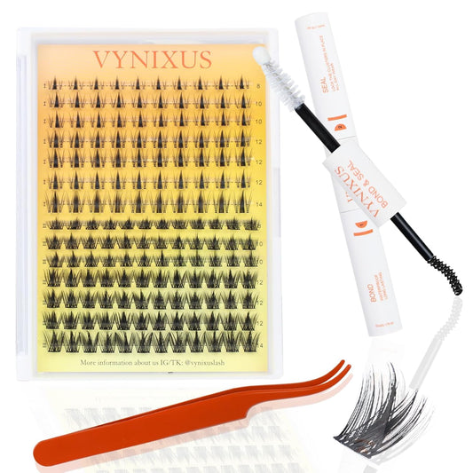 Lash Clusters Kit Eyelash Clusters DIY Lash Extension Kit with Lash Bond and Seal Waterproof Eyelash Tweezers Wet-Look Cluster Eyelash Extensions Kit (Set Fairy/Magic-0.07D-Mix8-14)-GlimoraGlow