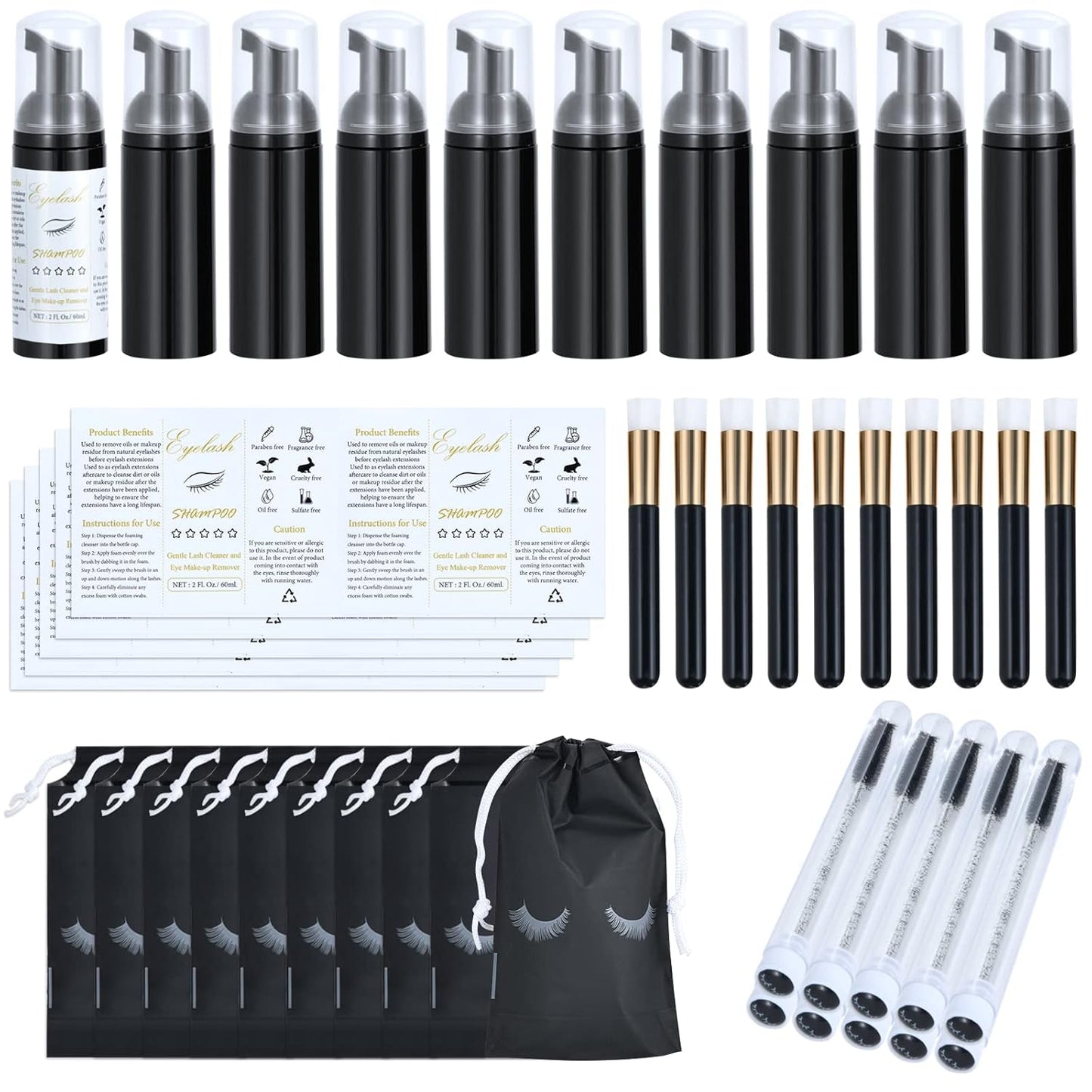 50 Pcs Lash Shampoo Bottle Brushes Set 10 Empty Foam Pump Dispensers 10 Label Stickers 10 Mascara Wands and Tubes 10 Cleansing Brush 10 Bag for Eyelash Extensions Aftercare(Black)-GlimoraGlow