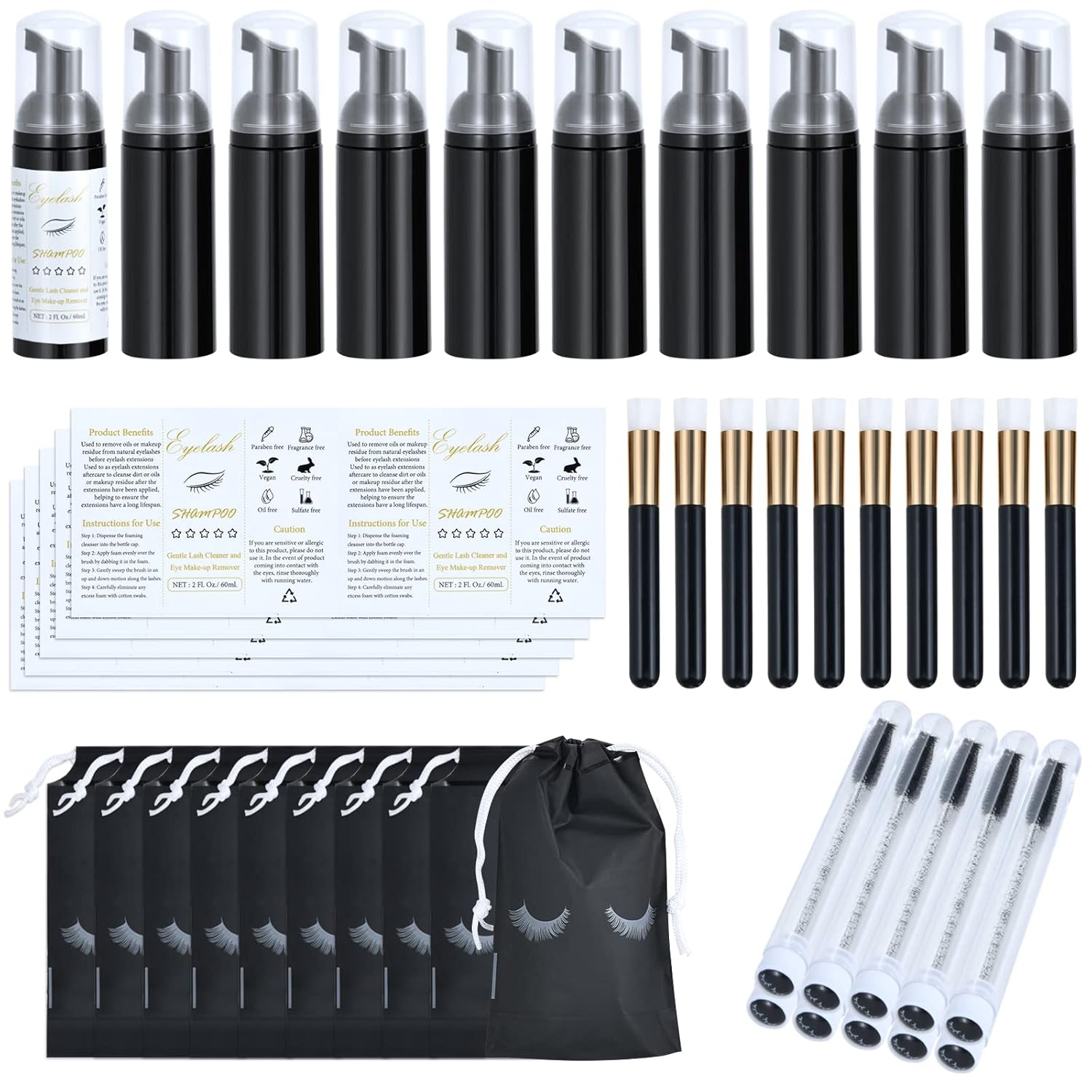 50 Pcs Lash Shampoo Bottle Brushes Set 10 Empty Foam Pump Dispensers 10 Label Stickers 10 Mascara Wands and Tubes 10 Cleansing Brush 10 Bag for Eyelash Extensions Aftercare(Black)-GlimoraGlow