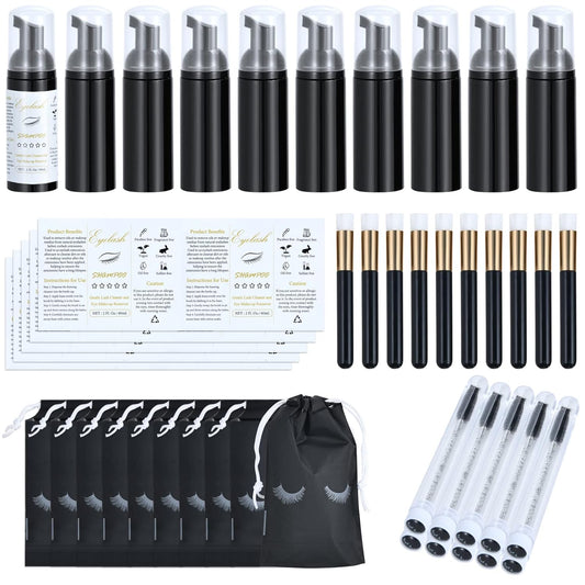 50 Pcs Lash Shampoo Bottle Brushes Set 10 Empty Foam Pump Dispensers 10 Label Stickers 10 Mascara Wands and Tubes 10 Cleansing Brush 10 Bag for Eyelash Extensions Aftercare(Black)-GlimoraGlow