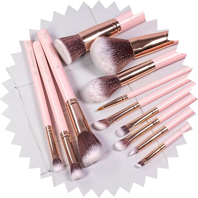 Niré Beauty 15piece Award Winning Pink Makeup Brushes: Pink Makeup Brush Set with Case, Makeup Sponge, Brush Cleaner, Guide, Gift Box-GlimoraGlow