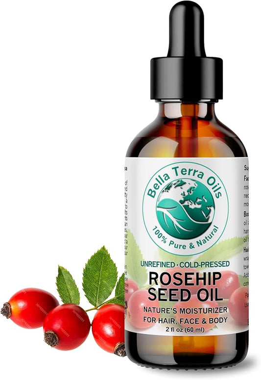 Bella Terra Oils - Organic Rosehip Seed Oil 2 oz - Cold-Pressed Elixir, Rich in Vitamin A, C, & E, Linoleic & Alpha-Linolenic Acid, Perfect Facial Emollient-GlimoraGlow