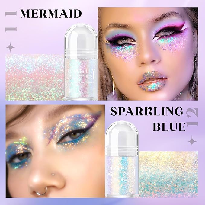 2 Colors Roll-on Body Glitter Gel, Holographic Glitter Gel Under Light for Face Hair, Body Shimmer for Rave Accessories Christmas New Year Halloween Makeup (11+12)-GlimoraGlow