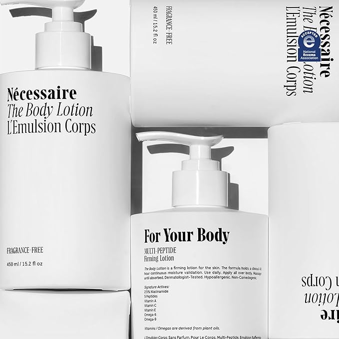 Nécessaire The Body Lotion with Pump. Fragrance-Free. Multi-Peptide Firming Lotion to Moisturize, Firm, Strengthen. 2.5% Niacinamide, Vitamin C/E + Omega 6/9. 450ml / 15.2 fl oz-GlimoraGlow