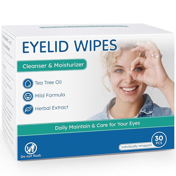 Eyelid Cleansing Wipes for Dry Eye & Blepharitis, Tea Tree Oil Hypoallergenic Eye Wipes for Sensitive Itchy Eyes, Individually Wrapped Eyelid WipesTravel Essentials (30 Count)-GlimoraGlow