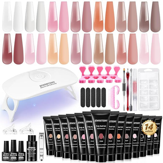 JEWHITENY Poly Extension Gel Nail Kit 14 PCS Poly Gel Kit with Slip Solution and Mini Lamp Nail Art Design Beginner-GlimoraGlow