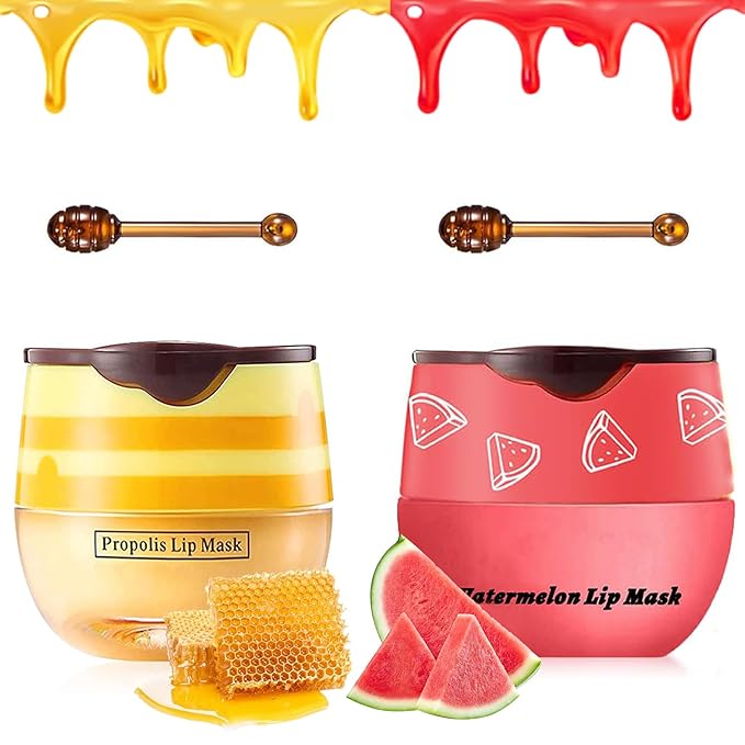 2 PCS Bee Lip Balm Honey Pot, Honey & Watermelon Lip Sleeping Masks Overnight, Hydrating Prevention Dry and Cracked Lip Scrubs Exfoliator Lip Care, Reduces Lip Lines-GlimoraGlow