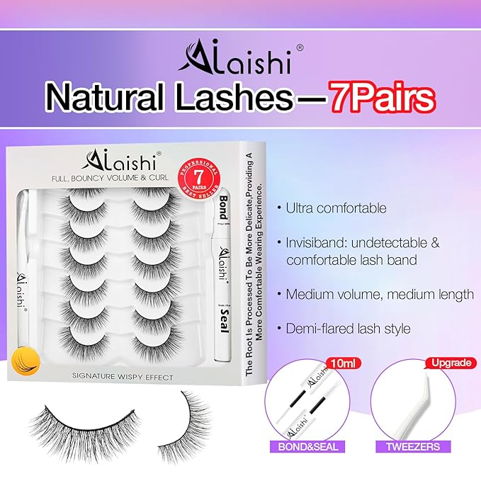Wispy False Eyelashes Kit With Bond, Seal and Tweezer, 7 Pairs Natural Look Fake Cat Eye Lashes Strips Thin Band Extensions Waterproof Easy Eyelashes for Beginners RQ46-GlimoraGlow
