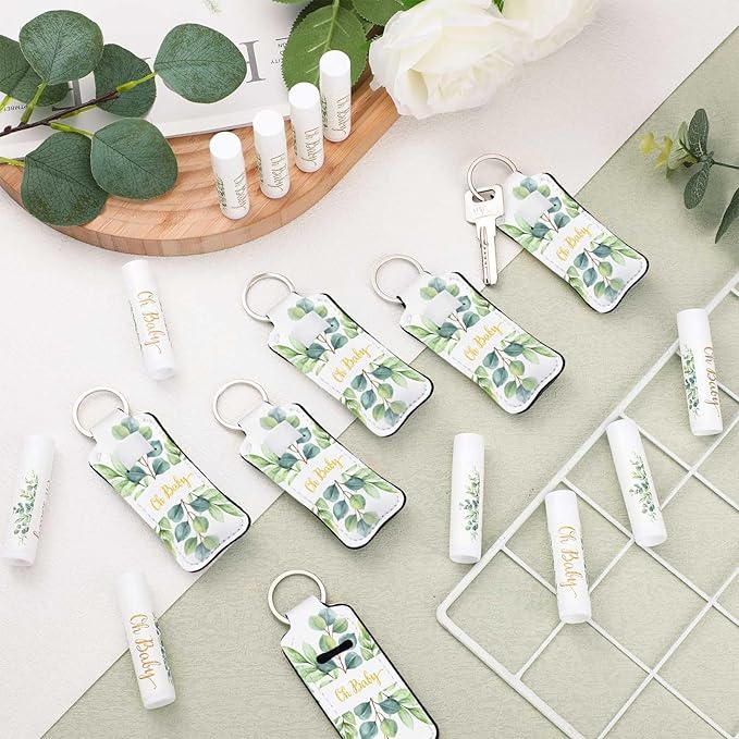 18 Sets Baby Shower Bridal Shower Favors for Guests Bulk Lip Balm and Lipstick Holder Keychains Set Baby Shower Bridal Shower Goodies Bags Thank You Gifts for Guests(Eucalyptus Baby)-GlimoraGlow