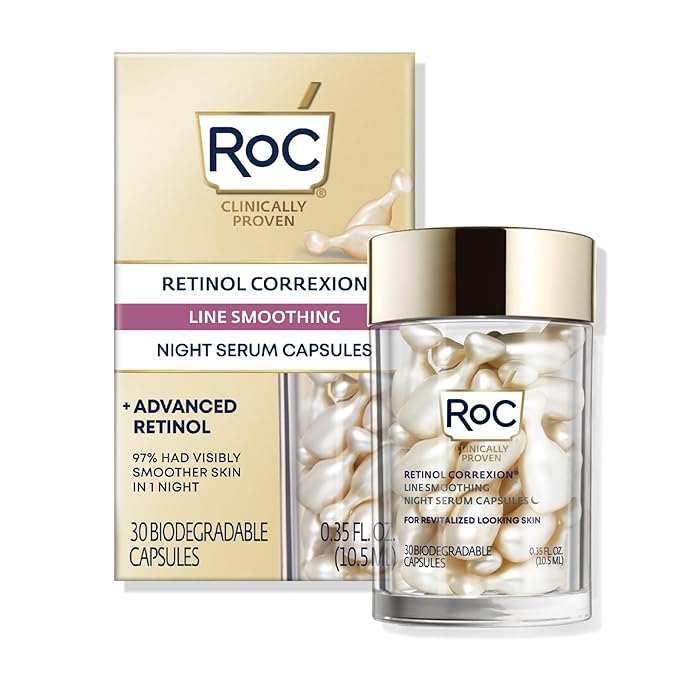 RoC Retinol Correxion Anti-Aging Wrinkle Night Serum, Retinol Serum for Face, Daily Treatment for Fine Lines, Post Acne Scars, 30 Capsules, Unscented, 0.35 Fl Oz-GlimoraGlow
