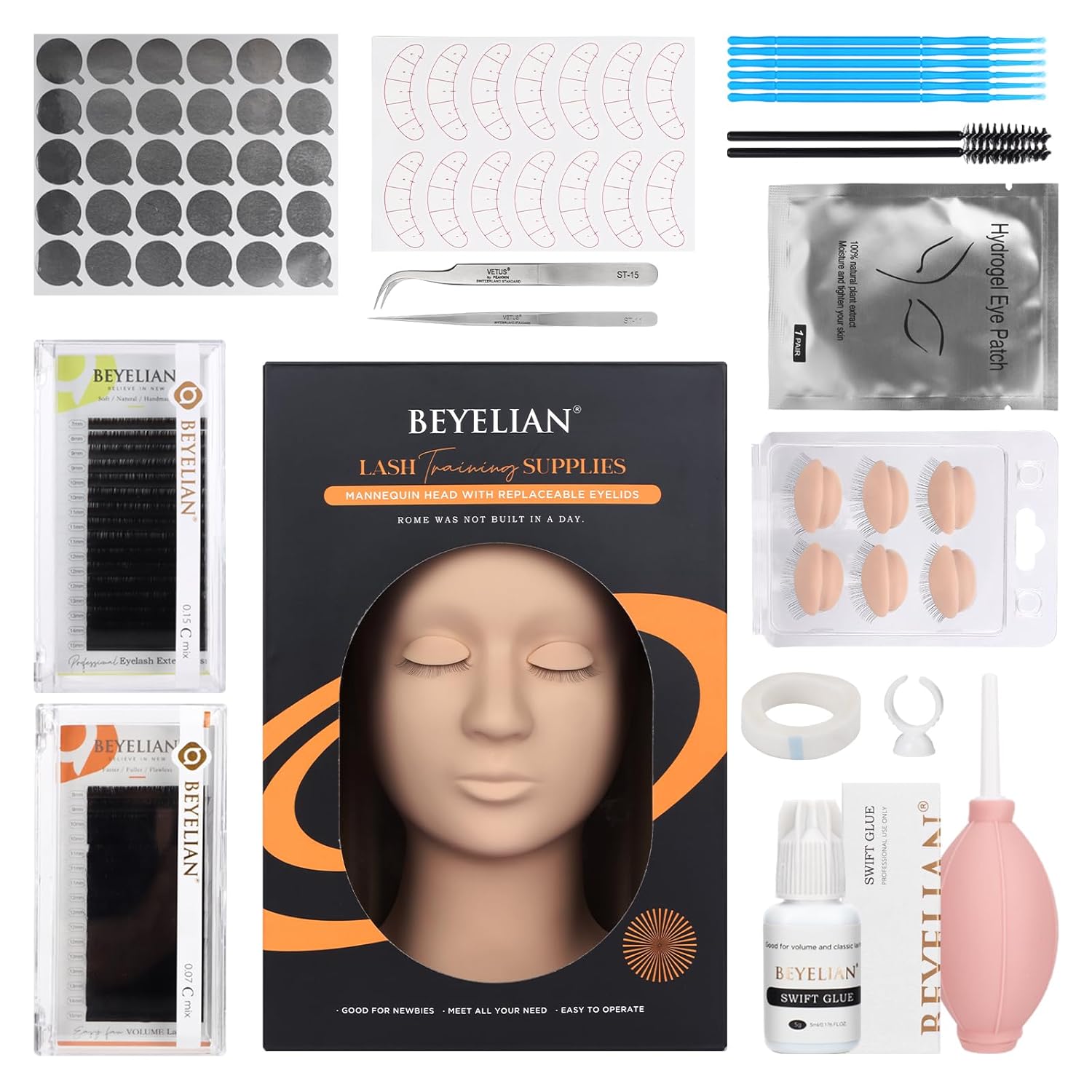 BEYELIAN Eyelash Extension Kit, Lash Extension Kit, Professional Lash Mannequin Head Kit with Removable Eyelids, Lash Kit for Eyelash Extensions Beginners 353 Piece Set-GlimoraGlow