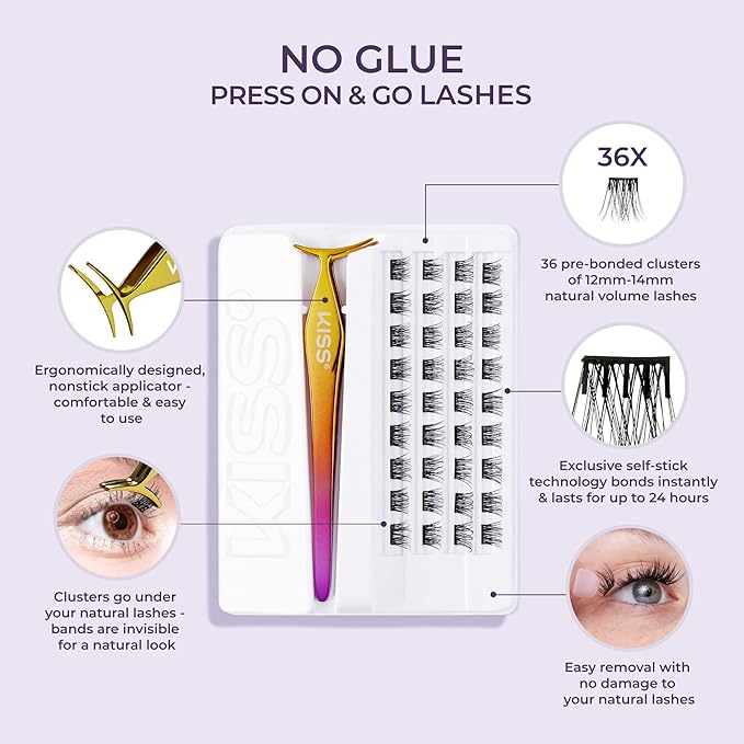 KISS imPRESS Falsies Press On Self Adhesive Eyelashes, 12mm-14mm Natural Volume Press On Lashes, Black, No Glue Needed, Invisible Band, 20 Lash Clusters & Non-Stick Applicator - Natural-GlimoraGlow