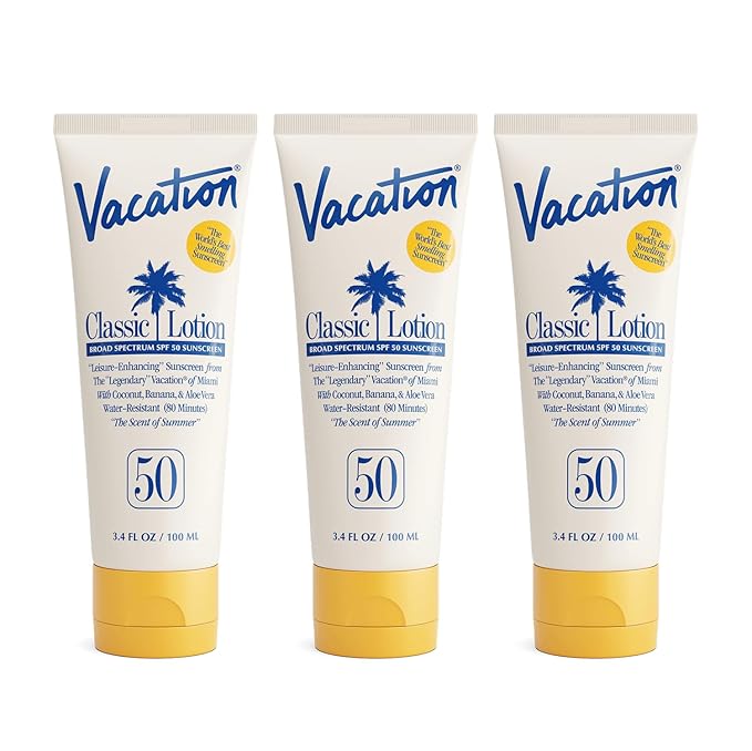 Vacation Classic Sunscreen Lotion SPF 50, Water-Resistant, Lightweight, Transparent on All Skin Tones, Dermatologist-Tested, Vegan, Travel Size, 3.4 Fl. Oz. (Value Pack of 3)-GlimoraGlow