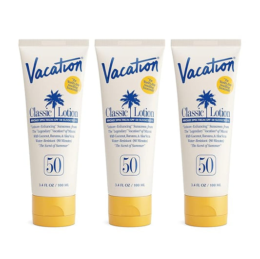 Vacation Classic Sunscreen Lotion SPF 50, Water-Resistant, Lightweight, Transparent on All Skin Tones, Dermatologist-Tested, Vegan, Travel Size, 3.4 Fl. Oz. (Value Pack of 3)-GlimoraGlow