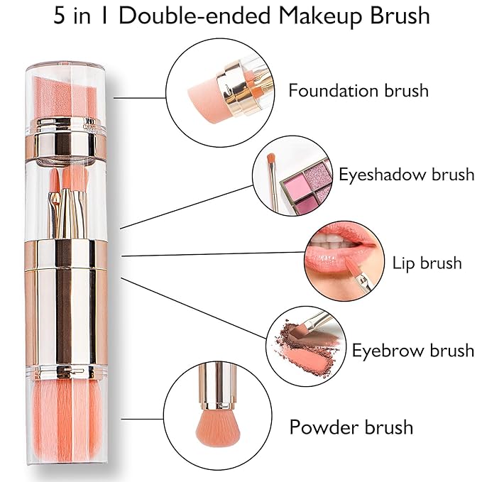 kullder 5-in-1 Makeup Brush Travel Makeup Brush set Dual Ended Mini Makeup Brush Pen Foundation Powder Concealer Shadow Blush Makeup Brushes with 2 Sponge Puff Womens Gift Idea for Beauty Lover-GlimoraGlow