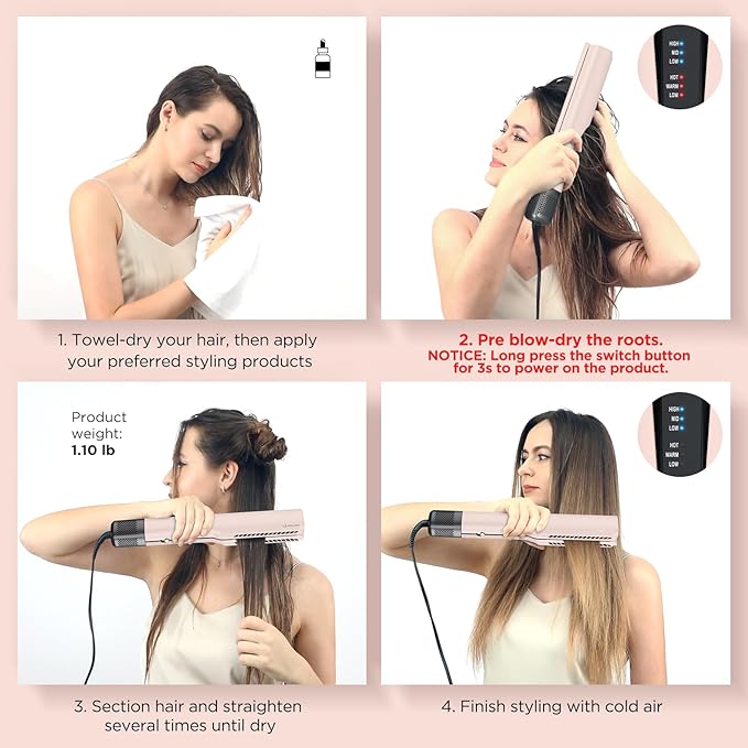 IG INGLAM Air Straightener, Style from Wet Hair, 2.2" Hair Dryer Straightener, 200M Negative Ionic, One-Step Air Straight for Medium and Long Hair(14"-30"), Pink-GlimoraGlow