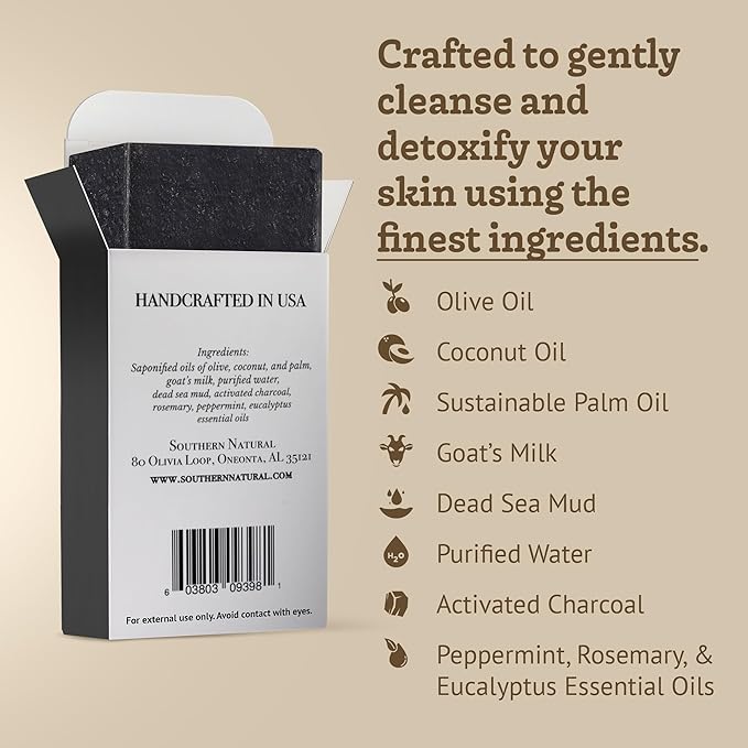 Southern Natural Activated Charcoal Soap Bar (3 Pack) Face and Body Soap For Sensitive Skin With Dead Sea Mud, Goat Milk & Peppermint Essential Oil-GlimoraGlow