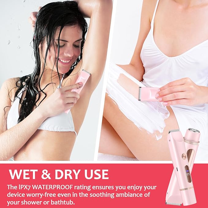 2025 Upgraded Bikini Trimmer for Women - 2 in 1 Dermave Bikini Shaver with LED Display, Dual Head Cordless Electric Shaver, IPX7 Waterproof Wet/Dry Body Hair Trimmer for Face, Body & Intimate Areas-GlimoraGlow