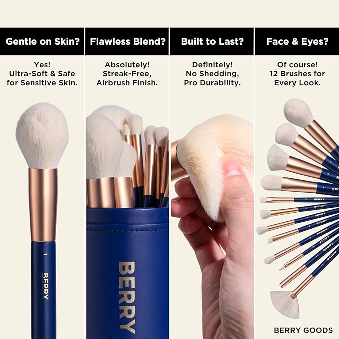 BERRY Blue Premium Makeup Brush Set – 12-Piece Professional Ultra-Soft Synthetic Brushes for Face & Eyes | Foundation, Powder, Blush, Concealer, Eyeshadow – Vegan, Cruelty-Free, Numbered, Travel Case-GlimoraGlow