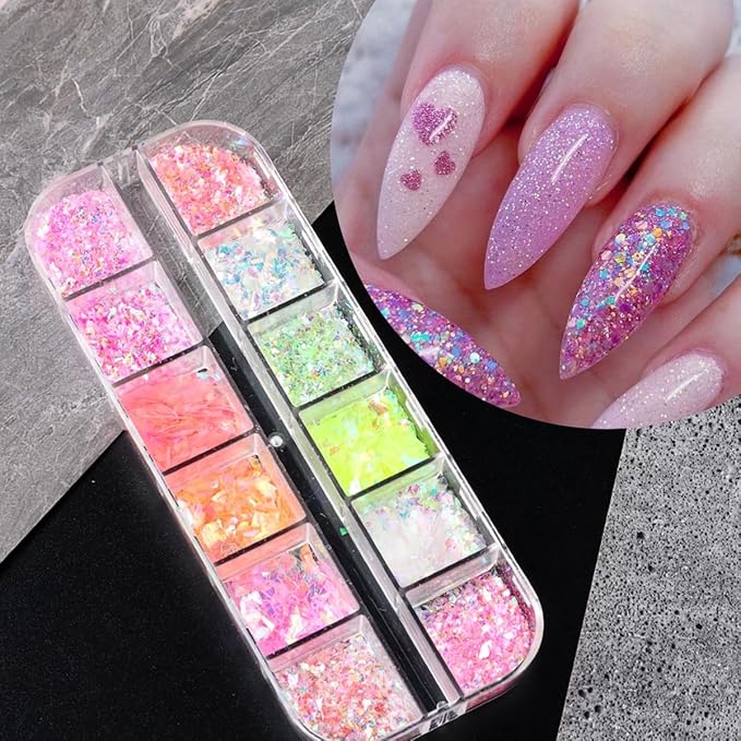 12 Colors Mermaid nail art glitter sequins Iridescent Ice Slag nail glitter flakes Ultra Thin Nail Art Designs 3D holographic nail sequins for Nail Art Supplies Manicure Decoration Accessories-GlimoraGlow