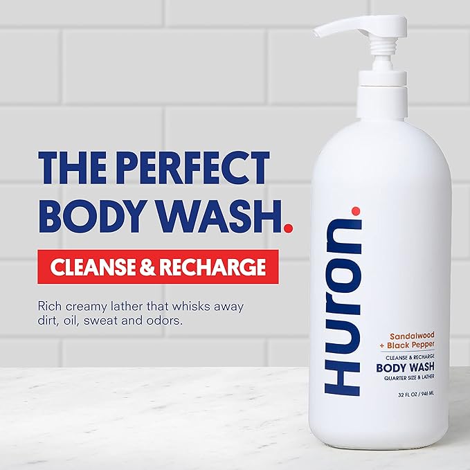 Huron Men’s Moisturizing Body Wash - Clean & Woody Scent of Sandalwood, Black Pepper, Cedarwood, & Amber - Made With Coconut Oil, Vitamin E & Witch Hazel - Vegan, Cruelty-Free - 32 fl oz-GlimoraGlow