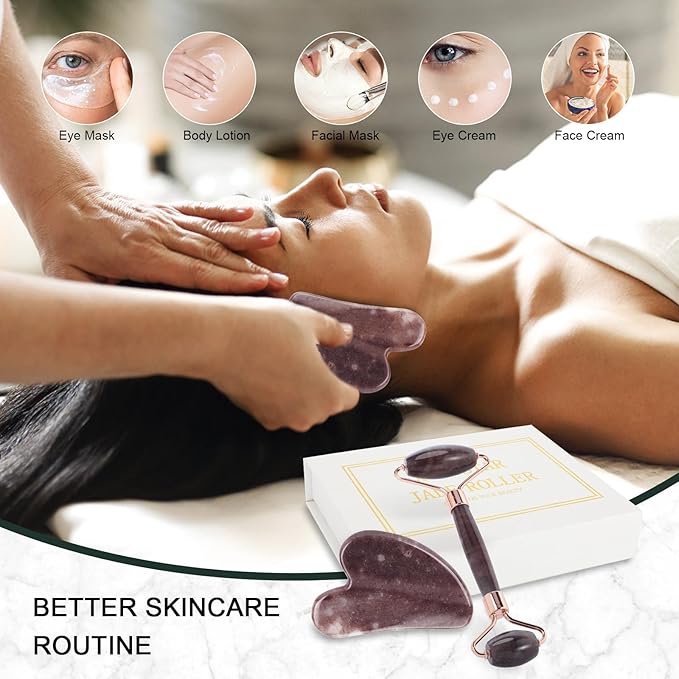 Jade Roller for Face, Facial Roller Massager Skin Care Tool, Gua Sha Facial Tools for Face, Neck, Eyes, Reduce Puffiness of The Skin(Purple)-GlimoraGlow