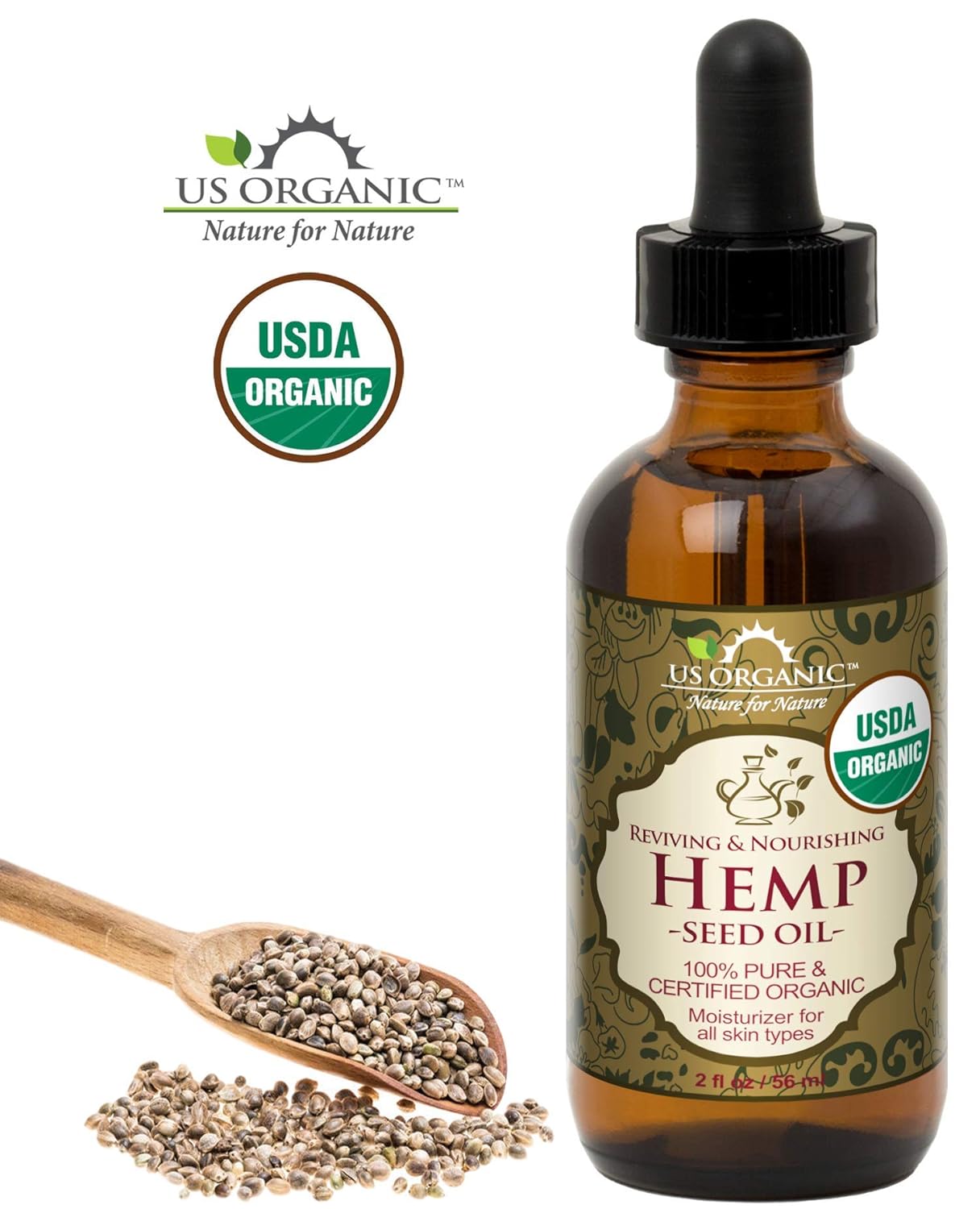US Organic Hemp Seed Oil, Certified Organic, Pure & Natural, Cold Pressed Virgin, Unrefined, Amber Glass Bottle with Glass Eye Dropper for Easy Application (2 oz (56 ml))-GlimoraGlow