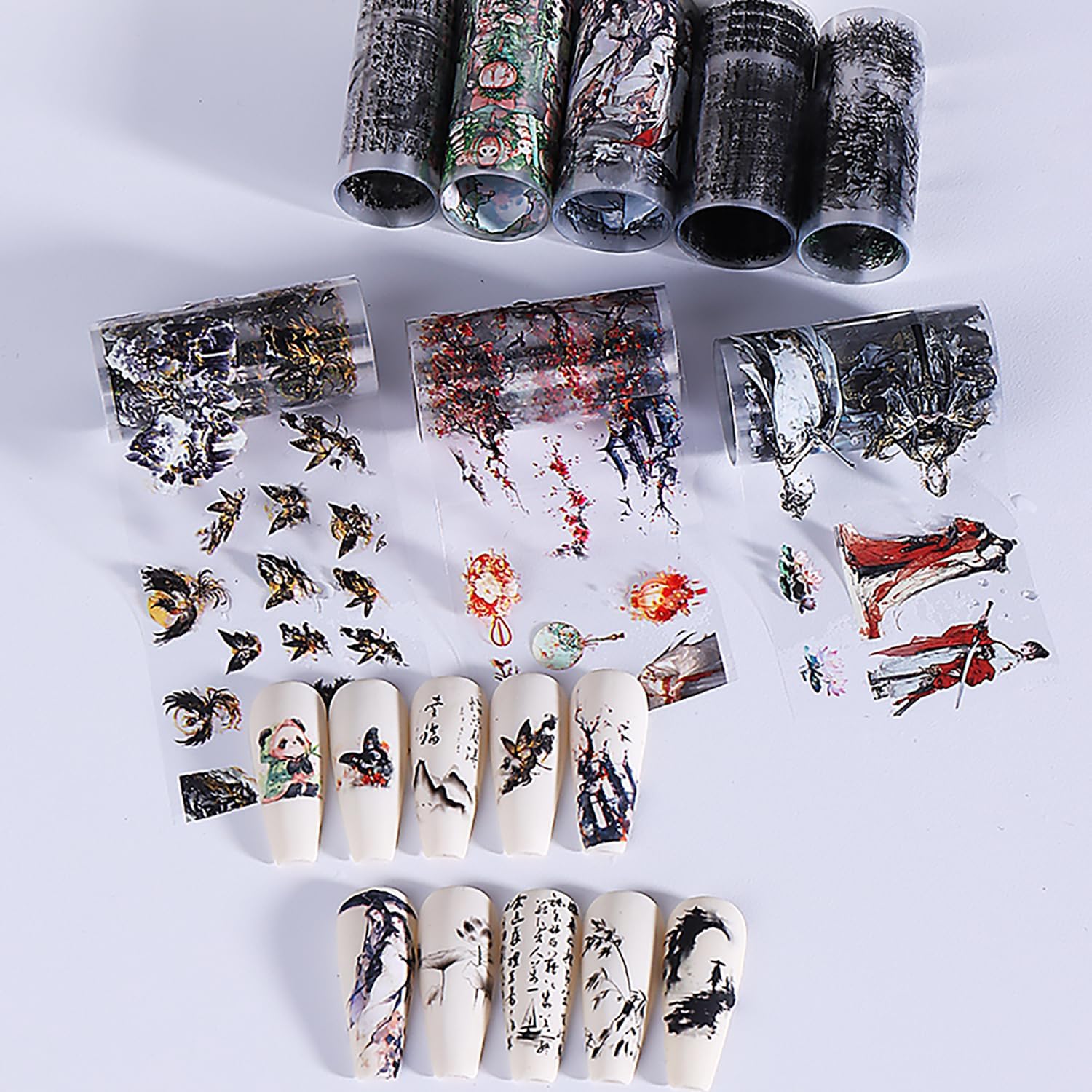 10 Rolls Nail Foils Transfer Nail Art, Chinese Style Nail Foil Transfer Stickers Self Adhesive Nail Art Supplies Decals Cute Panda Manicure Accessories Fall Winter Nail Decorations for Women-GlimoraGlow