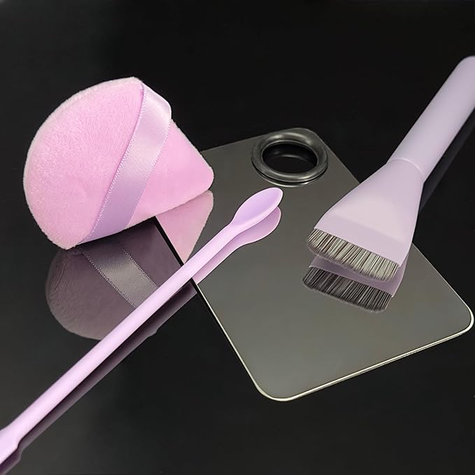 Makeup Brush Set - Flat Foundation Brush, Blender Sponge, Face Spatula, Puff & Heart-Shaped Mixing Palette with Leather Case – Complete Face Makeup Tool Kit for Blending, Foundation & Application-GlimoraGlow