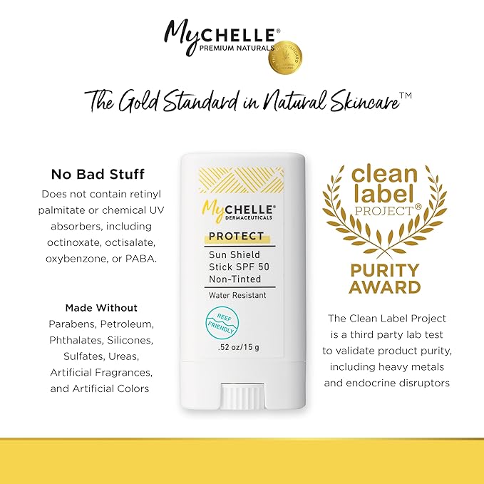 Mychelle Dermaceuticals Sun Shield Stick Spf 50 Non-Tinted - Natural Liquid Zinc Sunscreen Vitamin E and Jojoba - Water Resistant up to 80 Minutes - Sunscreen for Face, Reef Safe, Safe for Children-GlimoraGlow
