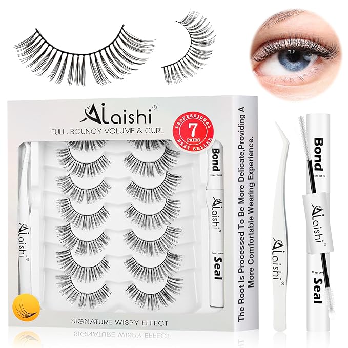 Wispy False Eyelashes Kit With Bond, Seal and Tweezer, 7 Pairs Natural Look Fake Cat Eye Lashes Strips Thin Band Extensions Waterproof Easy Eyelashes for Beginners DF1-GlimoraGlow