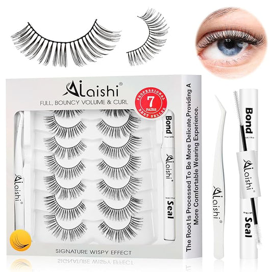Wispy False Eyelashes Kit With Bond, Seal and Tweezer, 7 Pairs Natural Look Fake Cat Eye Lashes Strips Thin Band Extensions Waterproof Easy Eyelashes for Beginners DF1-GlimoraGlow