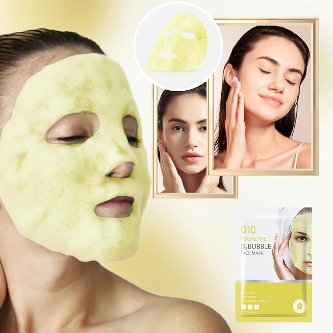 10 Sheets Coenzyme Q10 O2 Bubble Masks for Face, Bubble Face Mask Skincare for All Skin Types, Deep Cleansing Moisturizing Facial Mask Skin Care for Pores, Firming, Purifying, Sheet Masks for Spa-GlimoraGlow