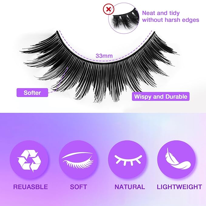 False Eyelashes Kit With Bond, Seal and Tweezer, 7 Pairs Fluffy Natural Look Fake Cat Eye Lashes Strips Thin Band Extensions Waterproof Easy Eyelashes for Beginners DF64-GlimoraGlow