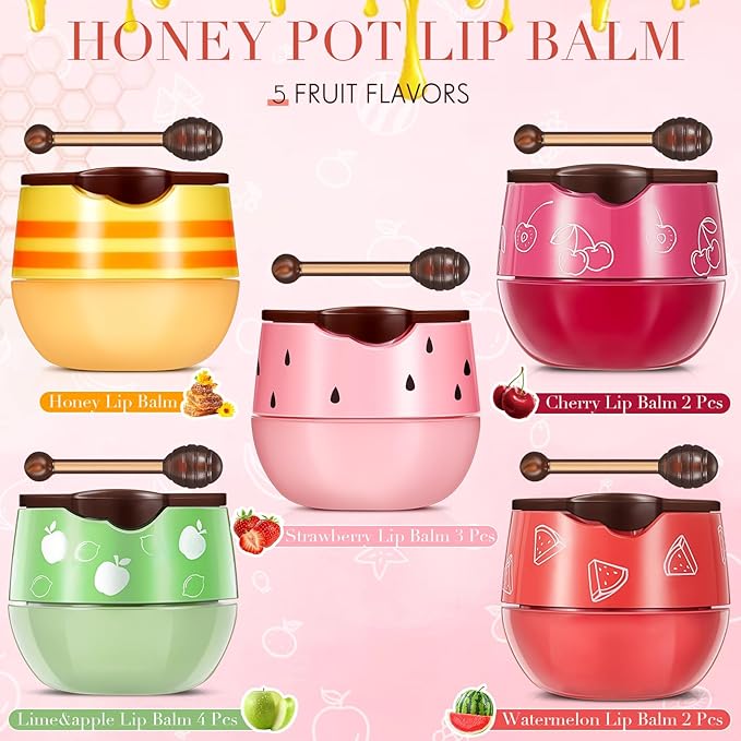 12 Pcs Bee Lip Balm Honey Pot with Brush Propolis Lip Mask Overnight, Moisturizing Hydrating Lip Sleeping Mask Prevention Dry and Cracked(Honey+Strawberry+Watermelon+Apple Lime+Cherry)-GlimoraGlow