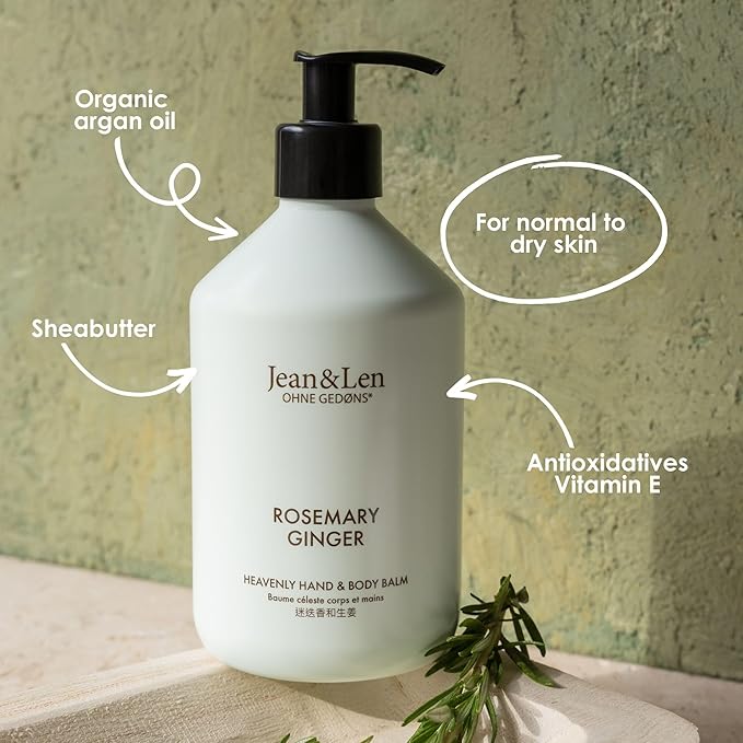 Jean & Len Heavenly Hand & Body Balm Rosemary & Ginger, for a fragrant care experience, with organic argan oil and shea butter, minimalistic bottle, without parabens & silicones, 16.91 Fl. Oz.-GlimoraGlow