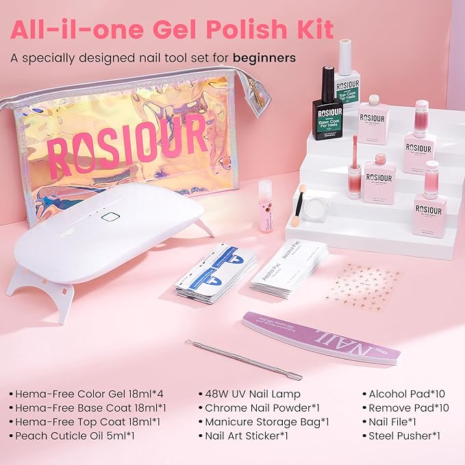 Jelly Gel Nail Polish Kit with U V Light, Hema-Free Milky Nude Sheer White Pink Gliter Gel Polish Set with Base & Top Coat Chrome Nail Powder, 4 Colors Mini Salon Nail Art Starter Gift for Women Girl-GlimoraGlow