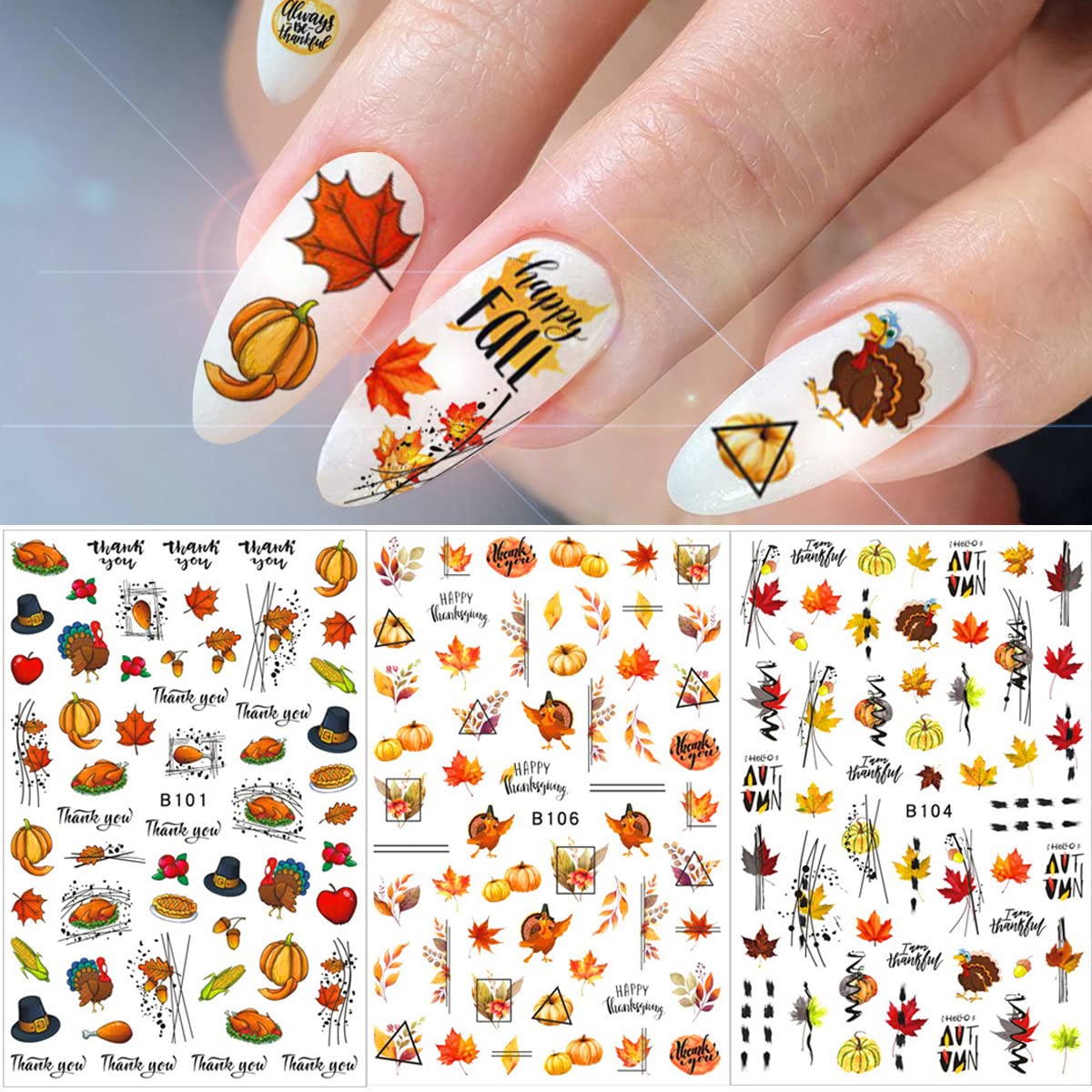 12 Sheets Fall Nail Art Stickers 3D Autumn Leaves Nail Decals Self-Adhesive Thanksgiving Nail Art Accessories Foils Maple Leaf Pumpkin Turkey Nail Designs for Women Girls DIY Manicure Decoration-GlimoraGlow