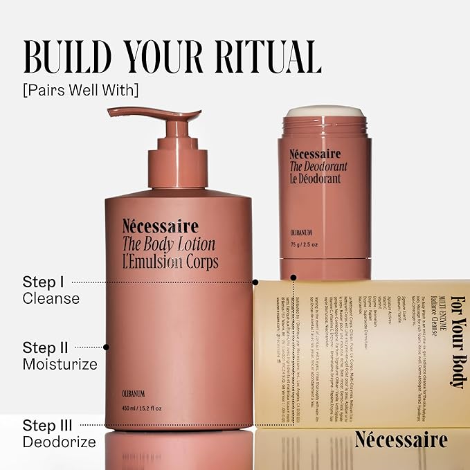 Nécessaire The Body Lotion with Pump. Olibanum. Multi-Peptide Firming to Moisturize + Strengthen. 2.5% Niacinamide, Vitamin C/E + Omega 6/9. Notes of Vanilla, Fig Leaf, & Cassis Buds. 450ml/15.2 fl oz-GlimoraGlow