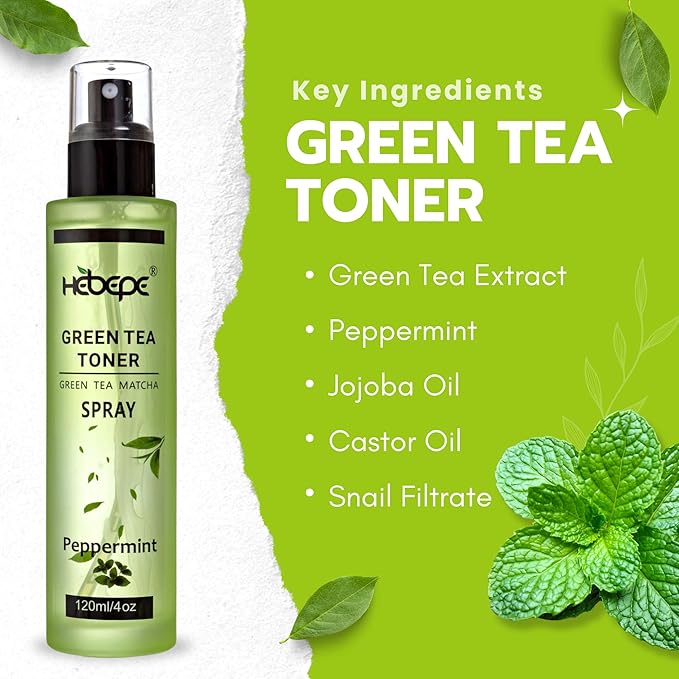 Green Tea Matcha Facial Toner Mist with Peppermint, Refreshing, Moisturizing, and Soothing Face Toner, with Jojoba Oil, Castor Oil, Snail Filtrate,120ml-GlimoraGlow