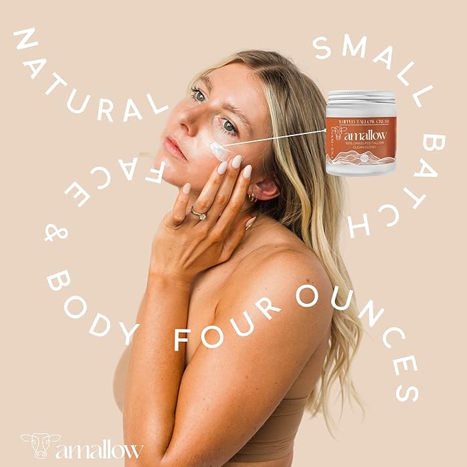 Amallow 100% Grass Fed Beef Tallow for Skin Care - Face + Body - Whipped Moisturizer - Natural Lotion, 4 FL. oz. (Clean Cloud)-GlimoraGlow