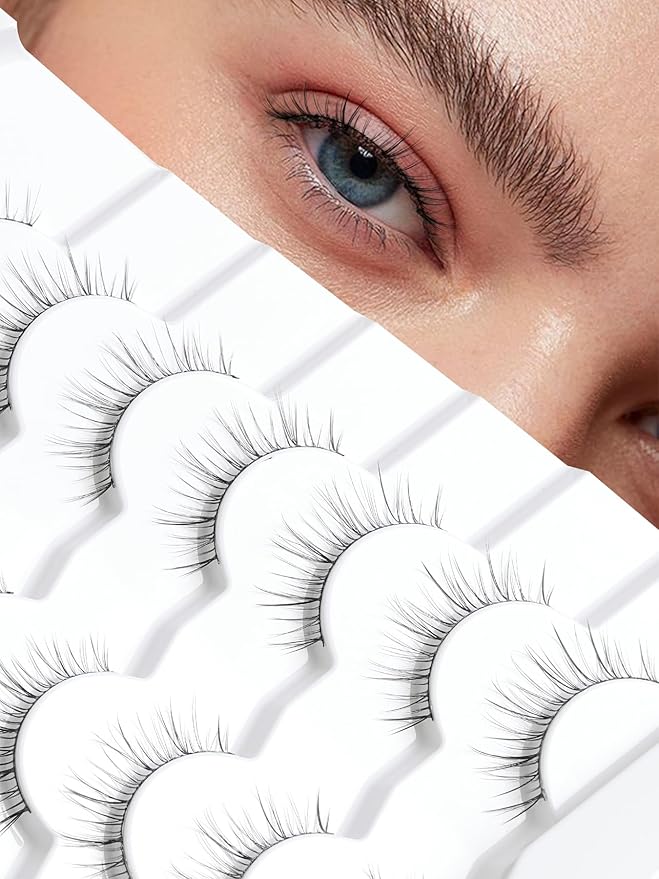 Lashes Short Eyelashes 10MM Natural Lashes Wispy Thin Band Strip Lashes Short Eyelashes Natural Look 3D Volume Lashes 7 Pair Fake Lashes Siligli-GlimoraGlow